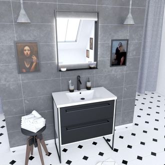 Aurlane Aurlane - Pack Mueble De Ba&ntilde;o 80x50 Cm Blanco - 2 Cajones - Lavabo De Resina Blanco - Espejo Led
