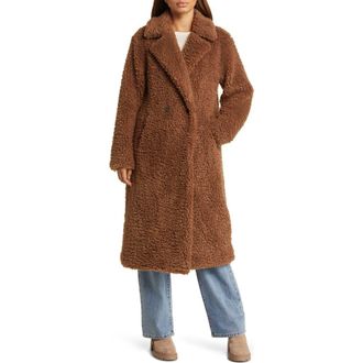 Bernardo Faux Shearling Double Breasted Longline Coat in Brown at Nordstrom Rack, Size Small