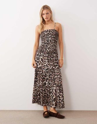 Iisla & Bird Vestito da mare lungo con arricciature e stampa leopardata-Marrone