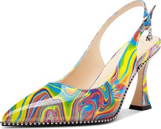 Castamere Womens Slingback Kitten Heel Close Pointed Toe Pumps Court Shoe Chunky Wedding Party Dress Shoes 9 CM Heels Colorful Graffiti 3.5 UK