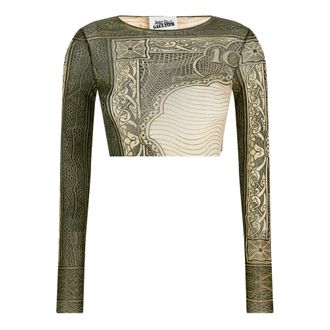 Jean Paul Gaultier Long Sleeve T-Shirts, female, Multicolor, XS, Re-edition The Green Cartouche Crop Top