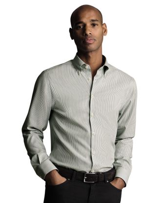 CHARLES TYRWHITT Charles Trywhitt Mens Stripe Non-Iron Button-Down Oxford Slim Fit Shirt Single Cuff