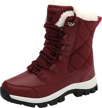 Generic Womens Snow Boots Winter Water-Resistant Faux Fur Lined Warm Outdoor Lace Up Mid-Calf Bootiesep Tread Rubber Sole for Cold Weather (1-Red, 4.5)