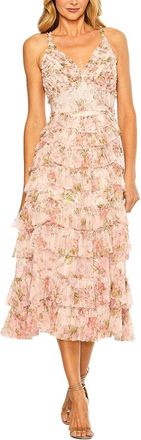 Mac Duggal Sleeveless V-Neck Floral Mesh Ruffle Midi Dress