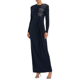 Mac Duggal Jersey Long Sleeve Fitted Gown With 3D Flowers in Midnight at Nordstrom, Size 12