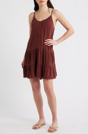 Nordstrom Tiered Crinkle Cover-Up Dress in Brown Raisin at Nordstrom, Size X-Large