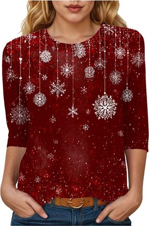 Generic Christmas Tshirt for Women Christmas Tree Print Tunic Tops 3/4 Sleeve Lightweight Crew Neck Pullover Casual for Women Novelty Tee Shirts Ladies Funny 