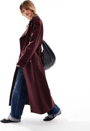Asos formal faux wool trench coat in burgundy-Auburn