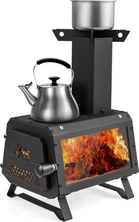 Costway Costway Estufa Camping, 2 Posiciones De Cocci&oacute;n, Estufa De Le&ntilde;a Port&aacute;til, Manija De Puerta Y Ventana De Vidrio Resistente Al Calor De Acero Al Carbono