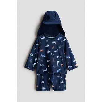 H&M Upf 50 Sun Protection Set in Navy Blue/marine Life at Nordstrom, Size 9-12M