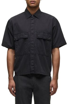 Hudson Utility Oversize Short Sleeve Cotton & Nylon Snap-Up Shirt in Black at Nordstrom, Size Xx-Large