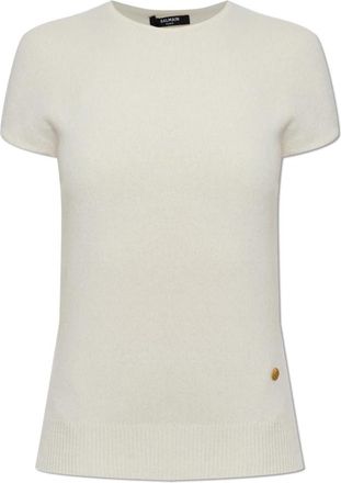 Balmain Cream Logo Appliqu&eacute; Top - Dames - Cashmere truien - Beige - 2XS - Wol - Truien & Vesten