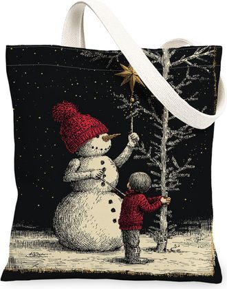 Generic Winter Snow Man Canvas Tote Bags, Vintage Holiday Illustration Reusable Grocery Bags, Lightweight Washable Shoulder Strap Canvas for Travel Outdoor Be