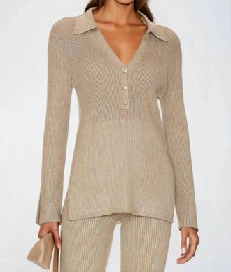 525 america Womens Gemma Ribbed Polo Top In Cashew Heather