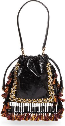 Etro Kalispera Embroidered Fringe Leather Shoulder Bag in Nero at Nordstrom