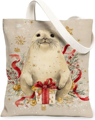 Generic Christmas Animal Canvas Tote Bags, Vintage Seal Design Reusable Grocery Bags, Artistic Holiday Lightweight Washable Shoulder Strap Canvas for Travel S
