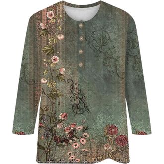 Generic Sweatshirt for Women UK Ladies Buttoned Flower Print 3/4 Sleeve T Shirt Running Graphic Shirts Women (Green, M) Cold Shoulder Tops for Women UK