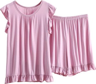 Generic Womens Pyjamas Sets Sleeveless Cotton Tank Top with Shorts Cami Sleepwear Comfy Loose Fit Pj Sets Casual Summer Nightwear (Style1-Pink, XXXXL)