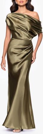 Betsy & Adam One-Shoulder Satin Sheath Gown in Olive at Nordstrom, Size 4