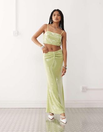 Amy Lynn Gonna lunga vede lime con vita arricciata e paillettes in coordinato-Verde