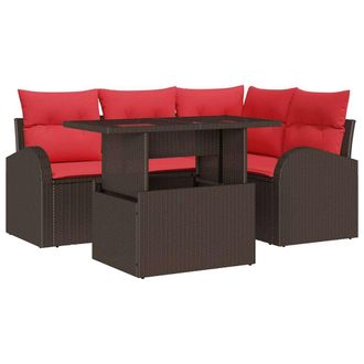 vidaXL Conjunto De Sof&aacute; De Jard&iacute;n 5 Pcs Marr&oacute;n Y Rojo Rat&aacute;n Sint&eacute;tico Vidaxl