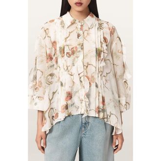 AllSaints Minna Ruffle Pleated Shirt in Taravao White at Nordstrom, Size 10