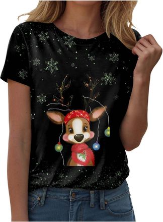 Generic Christmas Shirt Women Short Sleeve Shirts UK Christmas Tree Reindeer Print Tshirt Xmas Shirt Funny Novelty Tops Casual Crewneck Blouse Snowflakes Pull