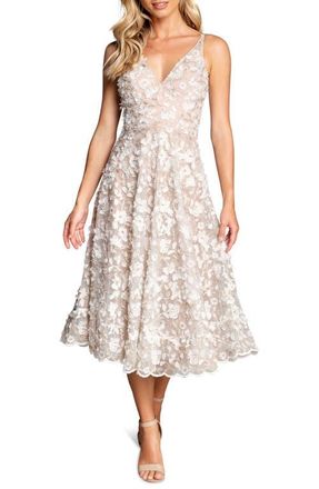 Dress The Population Elisa Embroidered Fit & Flare Midi Dress in White/gold at Nordstrom, Size Xx-Large