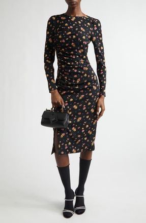 Dolce & Gabbana Floral Print Long Sleeve Charmeuse Midi Dress in Nero at Nordstrom, Size 10 Us