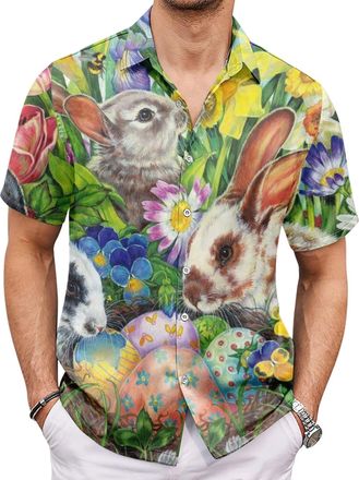 Generic Easter Hawaiian Shirt for Men Summer Beach Shirts Tropical Vacation Button Down Floral Short Sleeve Tops (UK, Alpha, 3XL, Regular, Regular, 13)