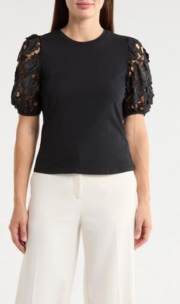 Ellen Tracy Mixed Media 3D Floral Sleeve Top in Black at Nordstrom Rack, Size X-Small