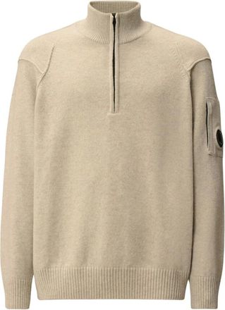 C.P. Company C.p. Company, Truien & Vesten, Heren, Beige, L, Wol, Half-Zip Lamswol Trui met Logo