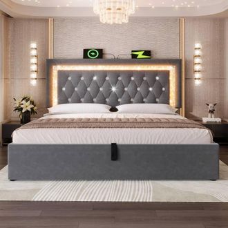 Merax LED Velvet Hydraulic Storage Bed with Adjustable Headboard in Grey | Size: King