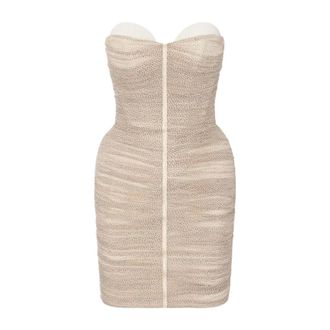 Elisabetta Franchi Crepon Mini Jurk Met Micro-Stippenprint - Dames - Jurken - Beige - Maat: L