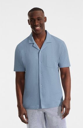 Lands End Short Sleeve Cotton Linen Button Through Camp Collar Shirt in Oasis Blue at Nordstrom, Size Xx-Large