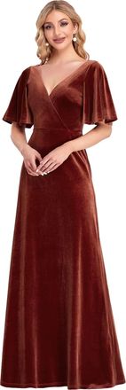 Ever-pretty Womens V Neck Elegant Floor Length Short Sleeves Vintage Velvet Formal Evening Dresses Brick Red 16UK