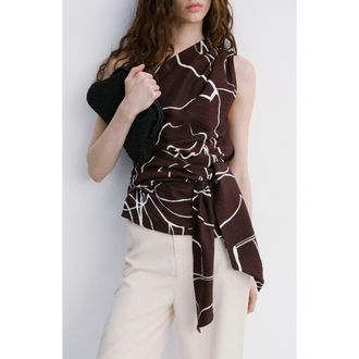 Mango Print One-Shoulder Tie Waist Top in Brown at Nordstrom, Size Medium