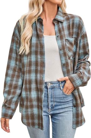 Generic Checked Shirts Womens UK Flannel Plaid Shirt Oversized Long Sleeve V Neck Button Down Lapel Collar Gingham Tops Ladies Classic Check Blouses Top with 