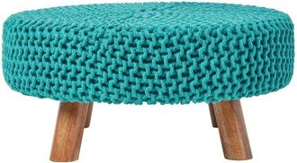 Homescapes Teal Green Large Round Cotton Knitted Footstool on Legs - Homescapes