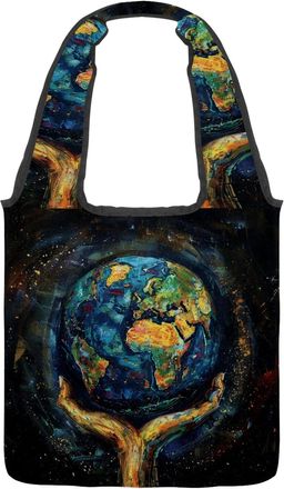 Generic Art Holding Earth in Hands Reversible Canvas Shoulder Tote - Double-Sided Print, 12oz Cotton, 27cm Drop, Fold-Flat Bag for Travel, Shopping, Street Ou