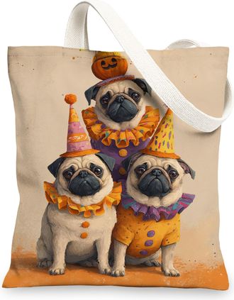 Generic Pug Clown Canvas Tote Bags, Cute Dog Pattern Reusable Grocery Bags, Fun Lightweight Washable Shoulder Strap Canvas Bags for, Beige, 13x15 Inch