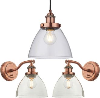Loops Ceiling Pendant & 2x Matching Wall Light Pack Aged Copper & Clear Glass Shade