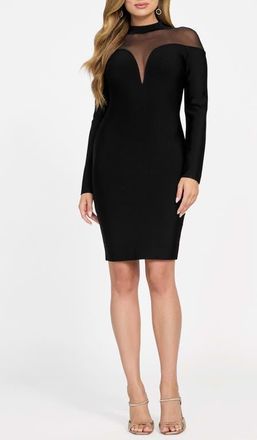 Marciano Diana Illusion Lace Detail Long Sleeve Body-Con Minidress in Black at Nordstrom, Size 10 Us