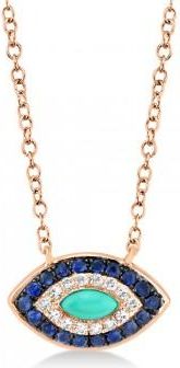 Allurez Turquoise & Diamond & Blue Sapphire Evil Eye Pendant Necklace 14k Rose Gold (0.25ct)