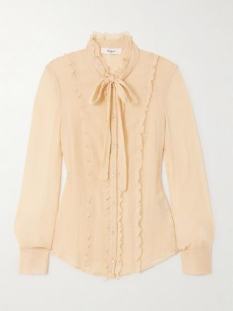 Chloé Camicia In Crepon Di Seta Con Ruches E Laccetto - Crema