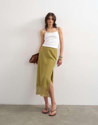 Topshop Gonna lunga verde oliva con finiture in pizzo