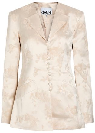 Ganni Floral-jacquard Satin Blazer - White - 34 (UK6 / XS)