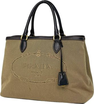 Prada Beige Black Canvas Leather Handbag Tote Bag (Pre-Owned)