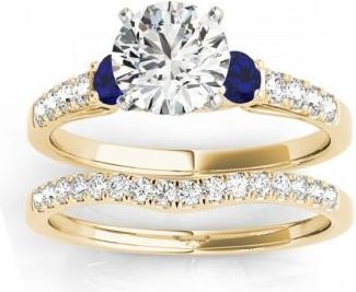 Allurez Diamond & Blue Sapphire Three Stone Bridal Set Ring 14k Yellow Gold (0.55ct)