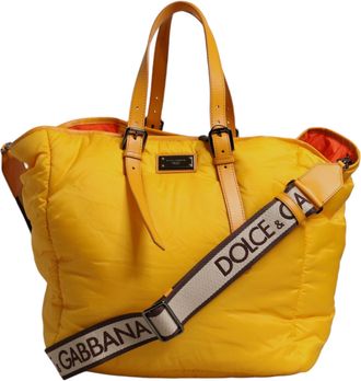 Dolce & Gabbana Mens Yellow Orange Nylon Logo Plaque Hand Shoulder Duffle Bag Pu Leather Calf